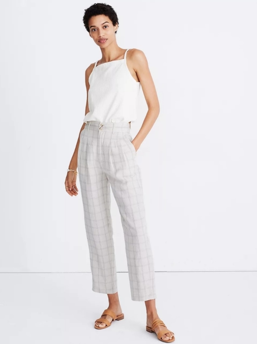 Madewell Pleated Taper Wide-Leg Linen Blend Pleated Pants in Windowpane Size 6